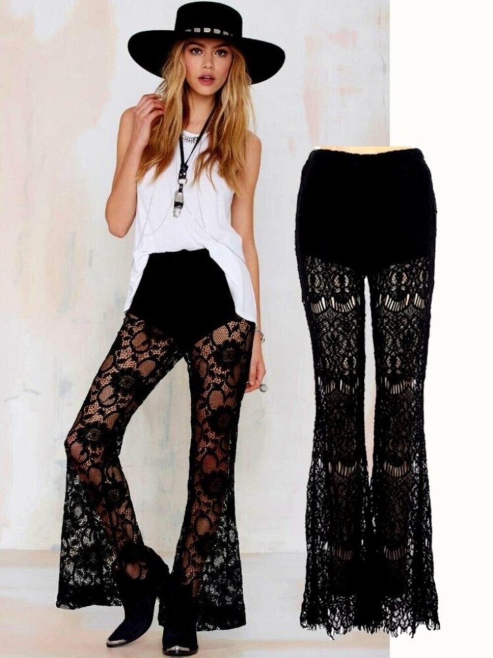 💋BOHO CHIC💋 GORGEOUS Vintage 60s Style Lace Crochet Flared Pants in Black
